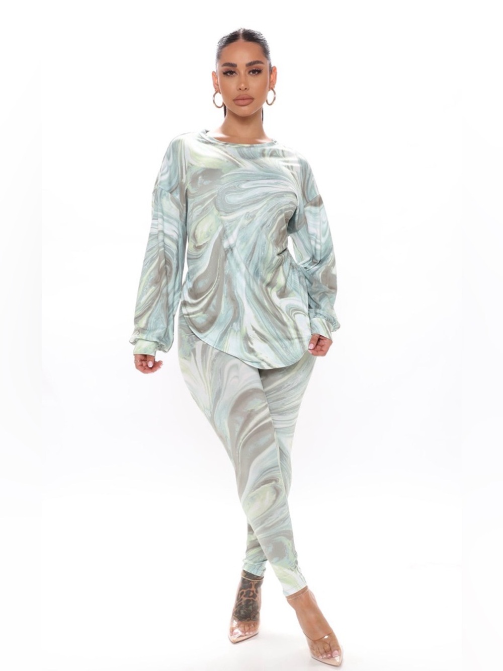 💚 Fashion Nova Marble 2 PC Shirt Top Leggings Lounge Set in Mint Sage Gray XL